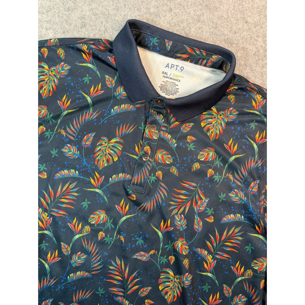 Apt 9 Mens XXL Premier Flex Performance Polo Shirt Tropical Floral Navy Blue